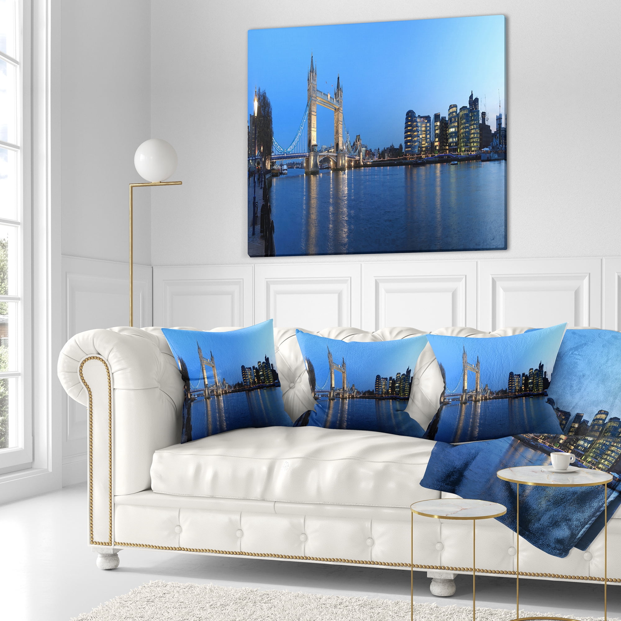 Designart London Tower Bridge in Blue - Cityscape Photo Throw Pillow - 18x18
