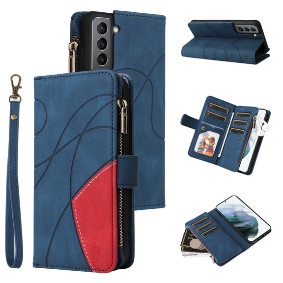 Multifunctional Case for Samsung S21,[RFID Blocking] 9 Credit Cards Holder with Wrist Strap, Premium PU Leather Zipper Wallet Purse Magnetic Flip Phone Cover for Samsung Galaxy S21, Blue