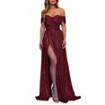 thumbnail image 2 of Yinguo Robe de Demoiselle d'Honneur Longue en Satin à Sequins Épaules Dénudées Robes de Soirée Formelles avec Fente Rouge P, 2 of 8
