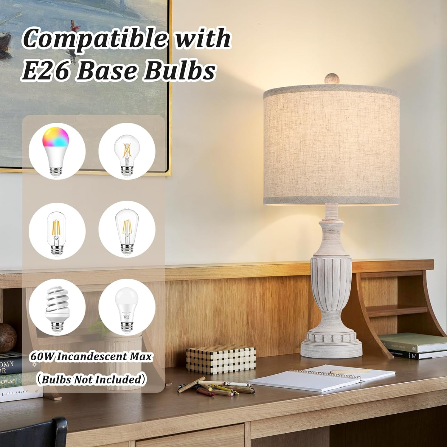 Nordic Hygge Farmhouse Living Room Table Lamps Set of 2, Grey