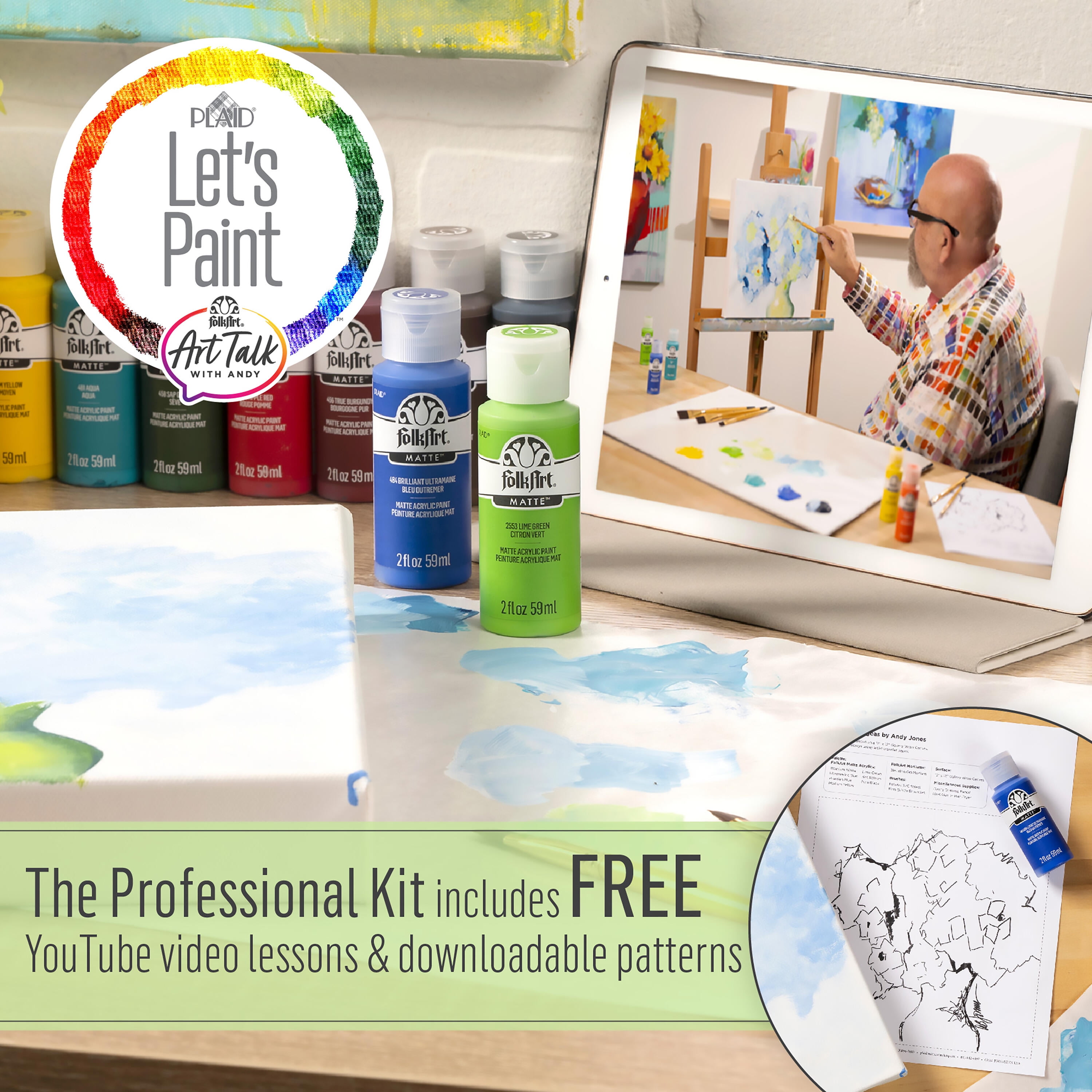 FolkArt Art Talk with Andy Professional Kit, 27 Pc Set with 17 Acrylic Craft Paints, and 10 Brushes