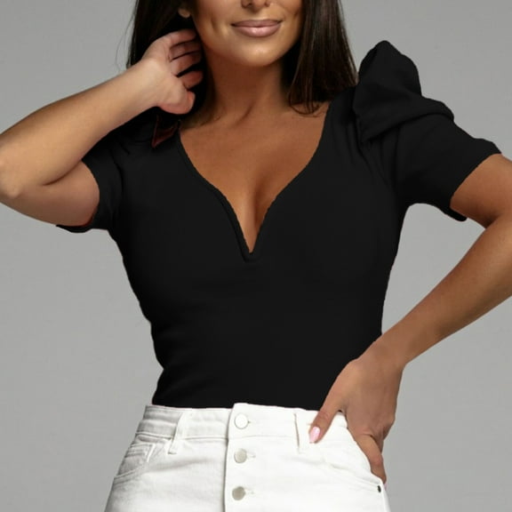 Aayomet Womens Tops Women's Classic-Fit Puff Short-Sleeve Crewneck T-Shirt,Black M