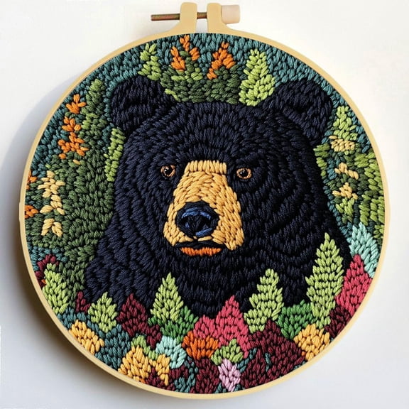 Punch Needle Kits Black Bear and Tree DIY Embroidery Starter Set with Hoop Easy for Beginners Stress Relief Handmade Craft Hobby and Home Decor 20x20cm-14