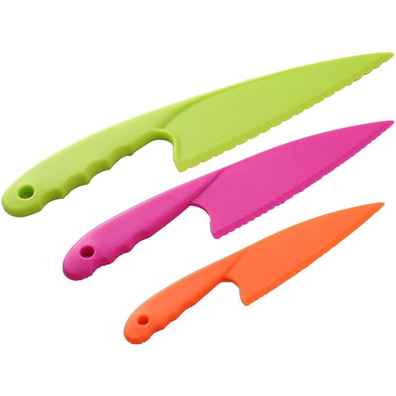 Plastic Kitchen Knife Set 3 Pieces 3 Colours for Kids, Safe Nylon Cooking Knives for Children, for Lettuce or Salads or Cakes