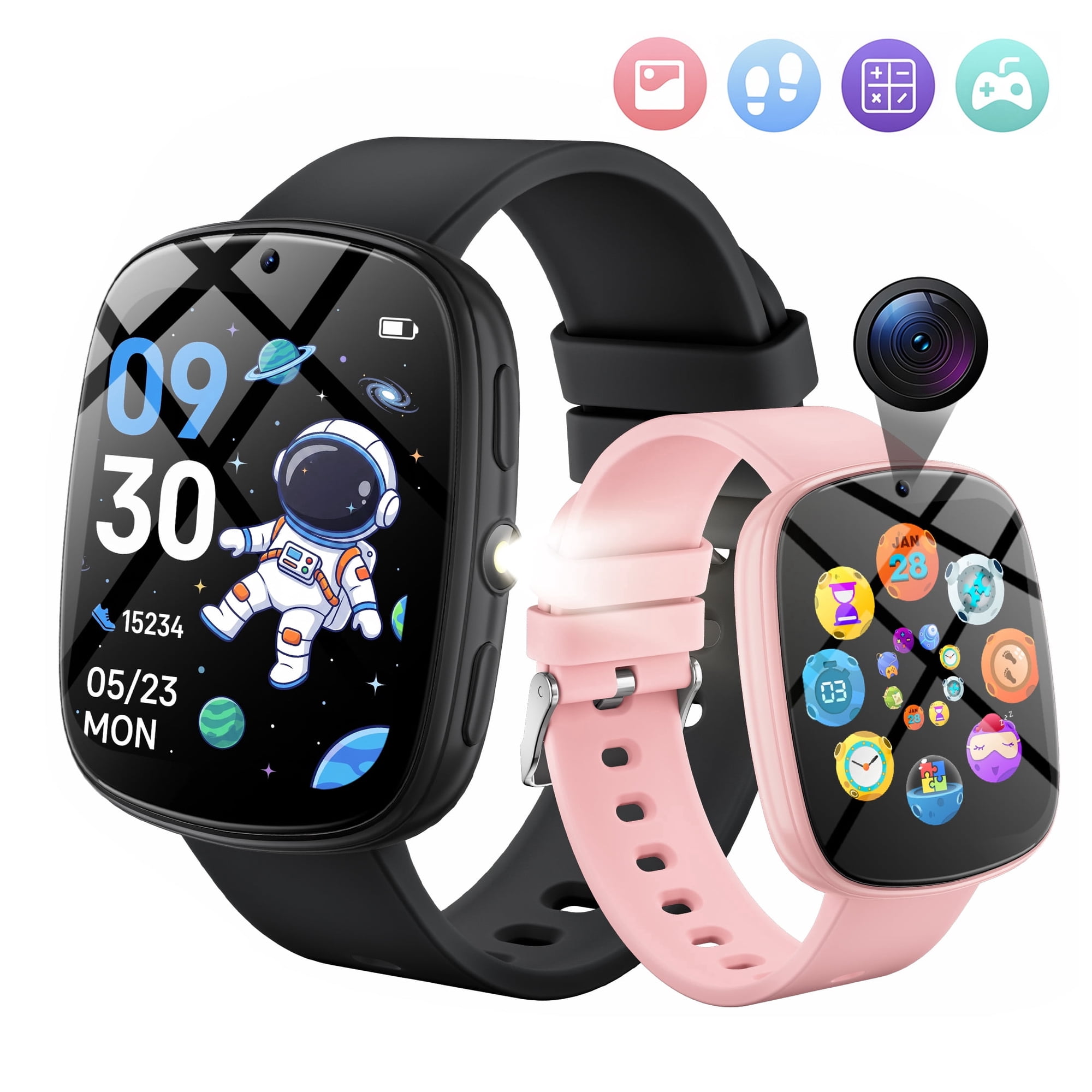 FITORA Games Smart Watch for Kids 1.83''HD Touch Screen Camera 22 Puzzle Games Sleep Tracker Camera Flashlight Children Gift Applies to 4-12 Year Old -Two Sets（Black+Pink)