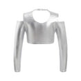 thumbnail image 2 of TiaoBug Kids Girls Shiny Metallic Crop Top Long Sleeve Off Shoulder Jazz Hip Hop Leotard Dance Shirt Silver 14, 2 of 7