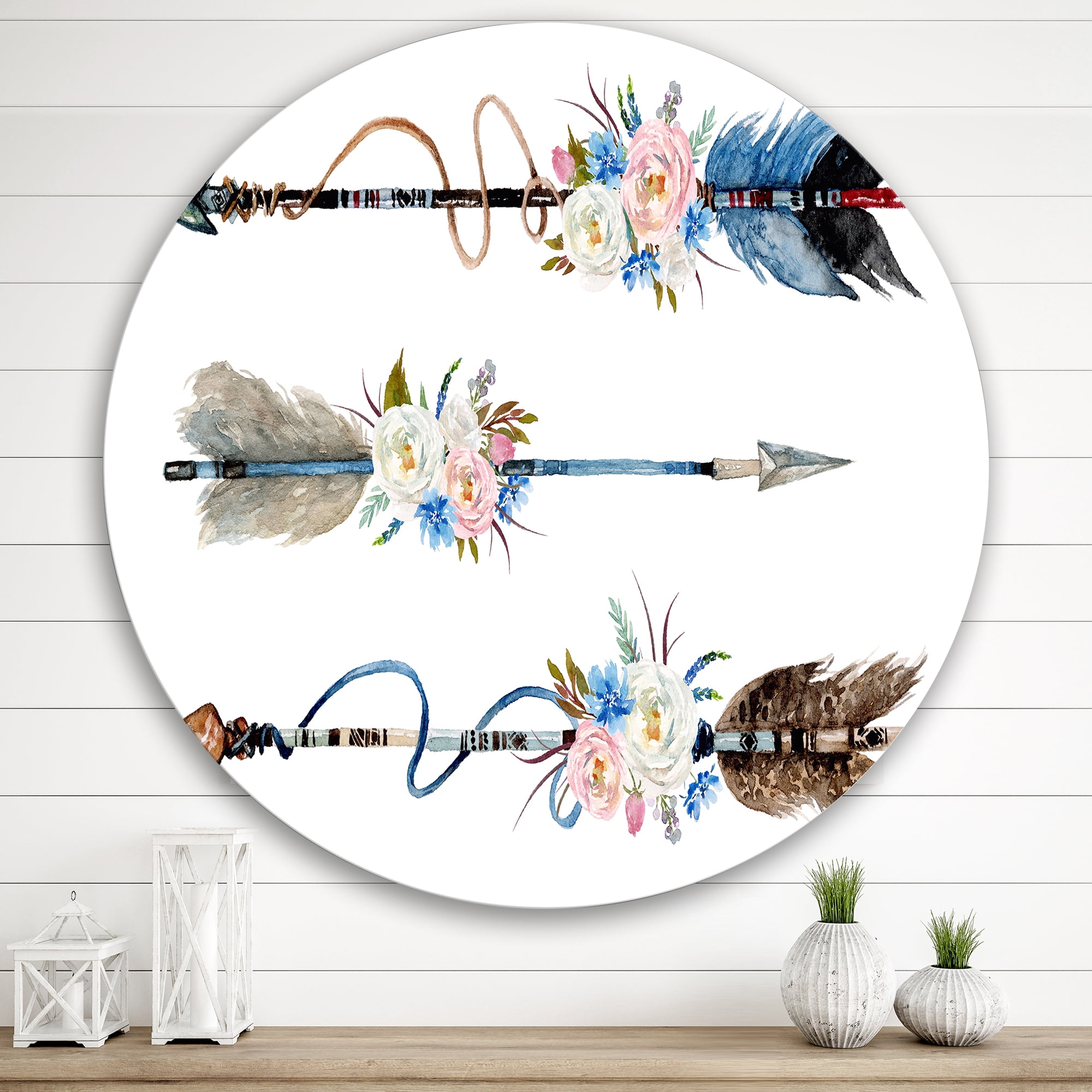 Designart 'Flowers and Ethnic Feathers On Native Arrows I' Bohemian & Eclectic Circle Metal Wall Art 29x29 - Disc of 29