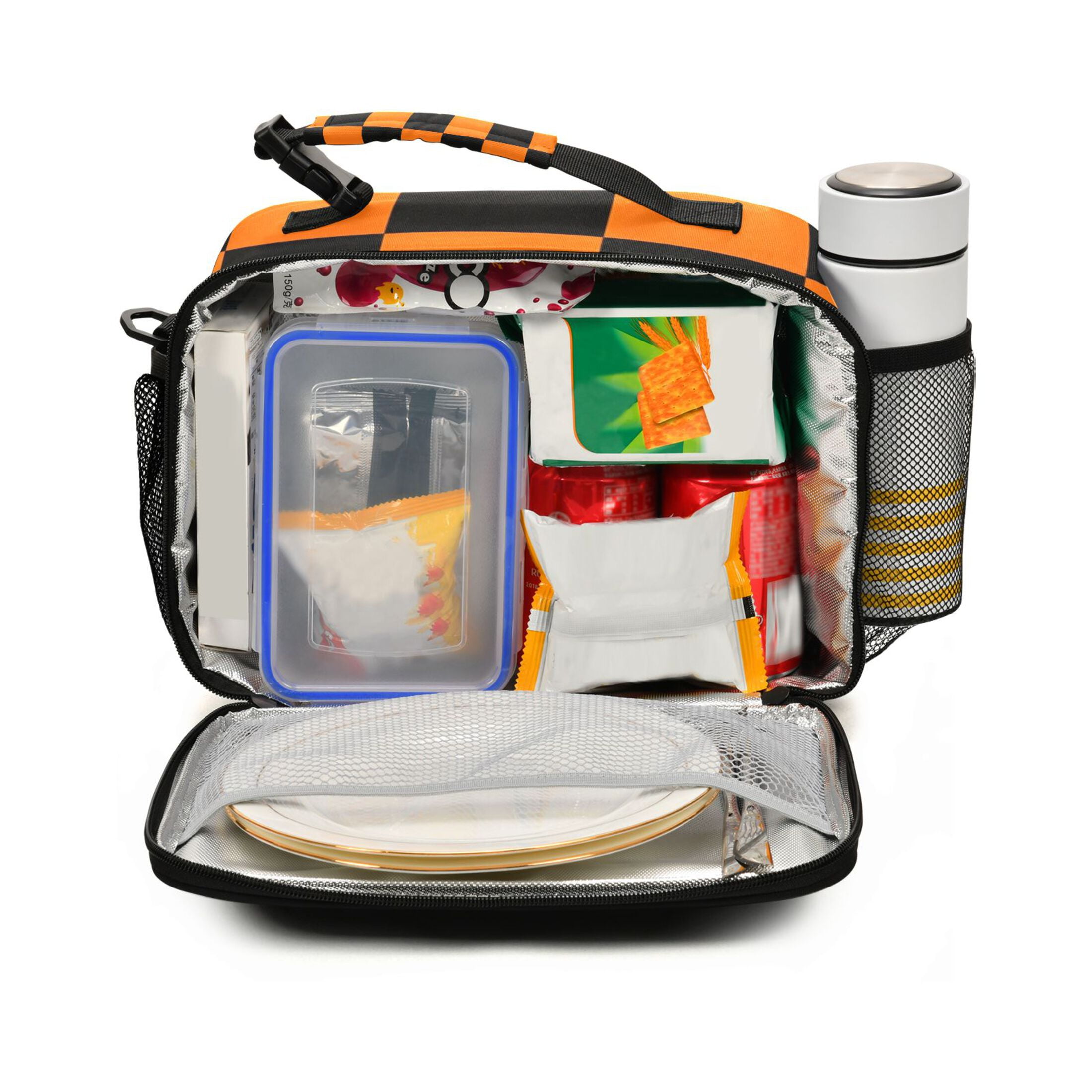 ALAZA Orange Checkered Grid Pattern Lunch Box Insulated Cooler Bag Reusable Tote Bags Shoulder Strap