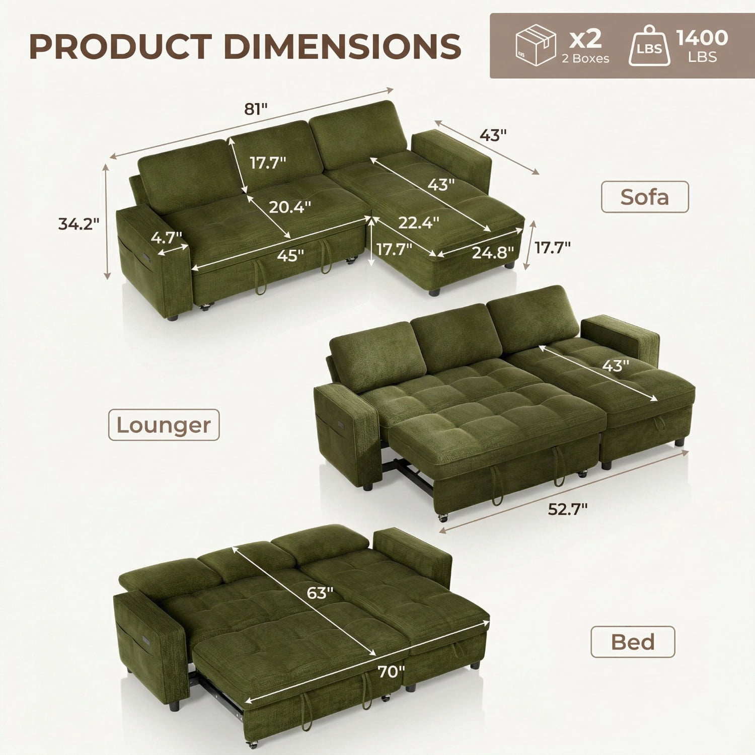 81" Sectional Sleeper Sofa Bed with Pull Out Couch, L-Shaped Chenille Fabric Sofa with USB Ports and Storage Chaise, Emerald Green
