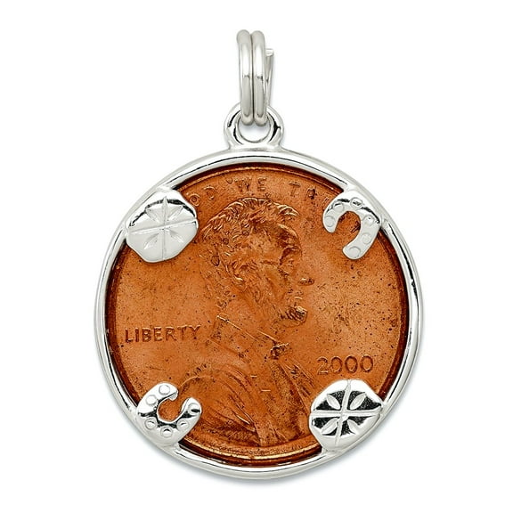 925 Sterling Silver Polished Penny Charm 28x21mm Wide Pendant Necklace for Women - 3.9 Grams