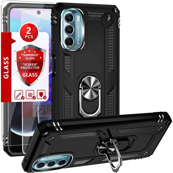 for Moto G 5G Case,Motorola G 5G 2022 Case with [2 Pack] Tempered Glass Screen Protector,[Military Grade] Kickstand Hybrid Shockproof Protective Case for Motorola Moto G 5G 2022 (Black)