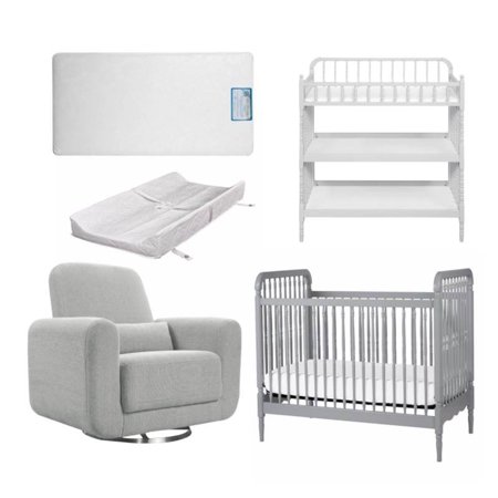 5 Piece Nursery Furniture Set With Changer And Crib With Club Chair In Gray White