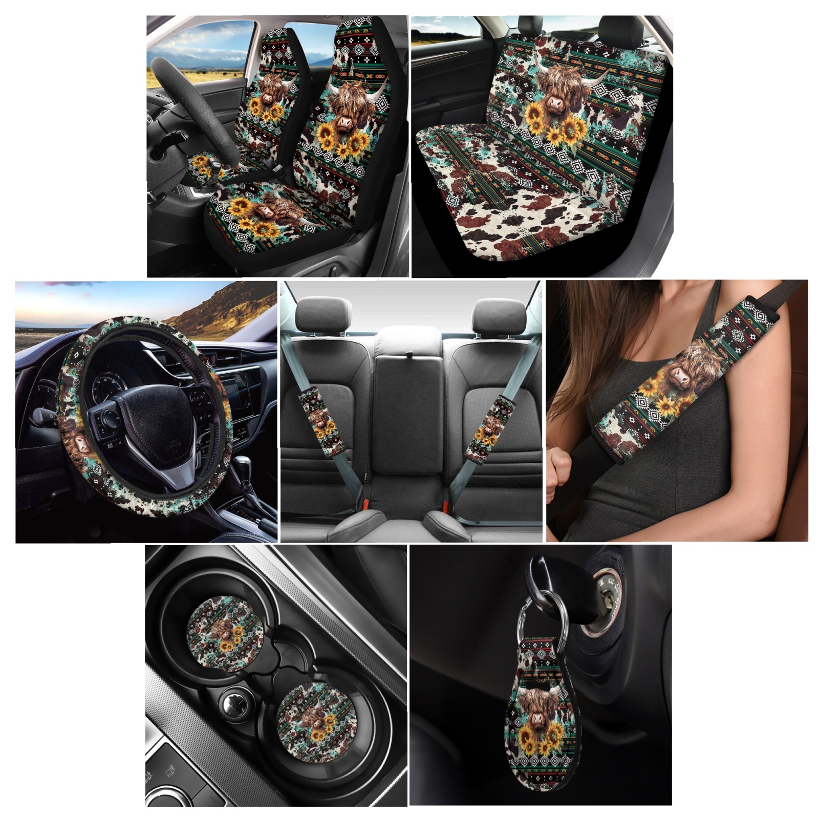 Renewold American Tribal Highland Cow Sunflower 11 Pieces Car Accessories, Non-Slip Front Rear Car Seat Covers, Steering Wheel Cover Seat Belt Pad Coasters Key Chain Universal Fit for Most Cars