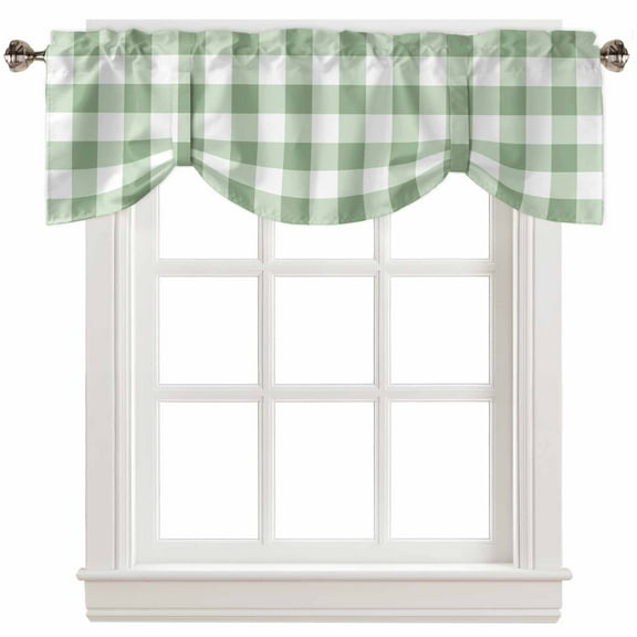 Fsddascl Sage Green Buffalo Plaid Tie Up Valance Curtains for Windows, Kitchen Curtains Window Treatments, Green White Checkered Farmhouse Short Window Shades Valances for Bedroom Bathroom 54"x18"