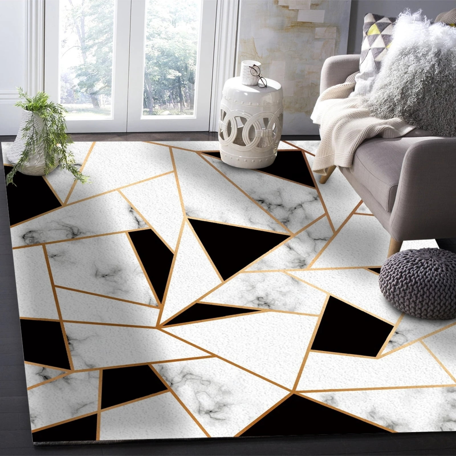Luxury Black And White Marble Texture Area Rug, Modern Geometric Golden