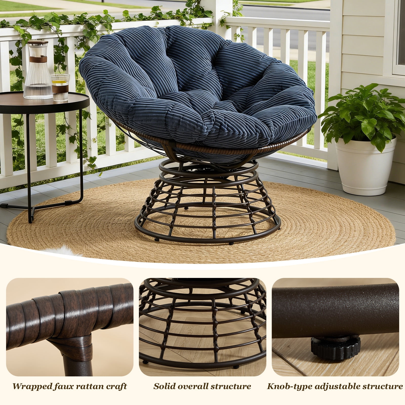 MOONMISS 360° Swivel Wicker Papasan Chair with Soft Thick Cushion for Living Room,Navy Blue