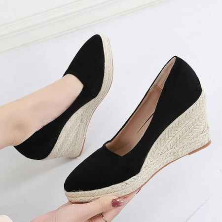 

ZHELIYO Women s sandals Fashion Toe Slip On Espadrilles Casual Shoes Woman Canvas Trendy Shoes High Heels Shoes For Women Jute Sole Black 6.5