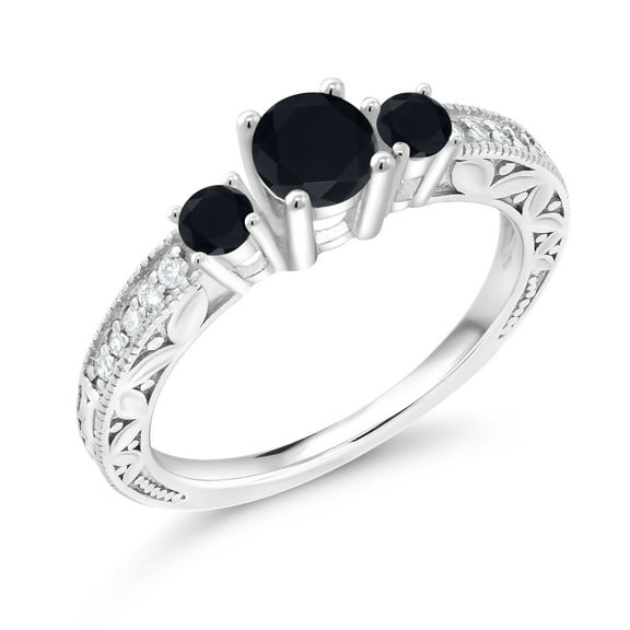 Gem Stone King 0.81 Ct Round Black Onyx 925 Sterling Silver Ring (Size 9)