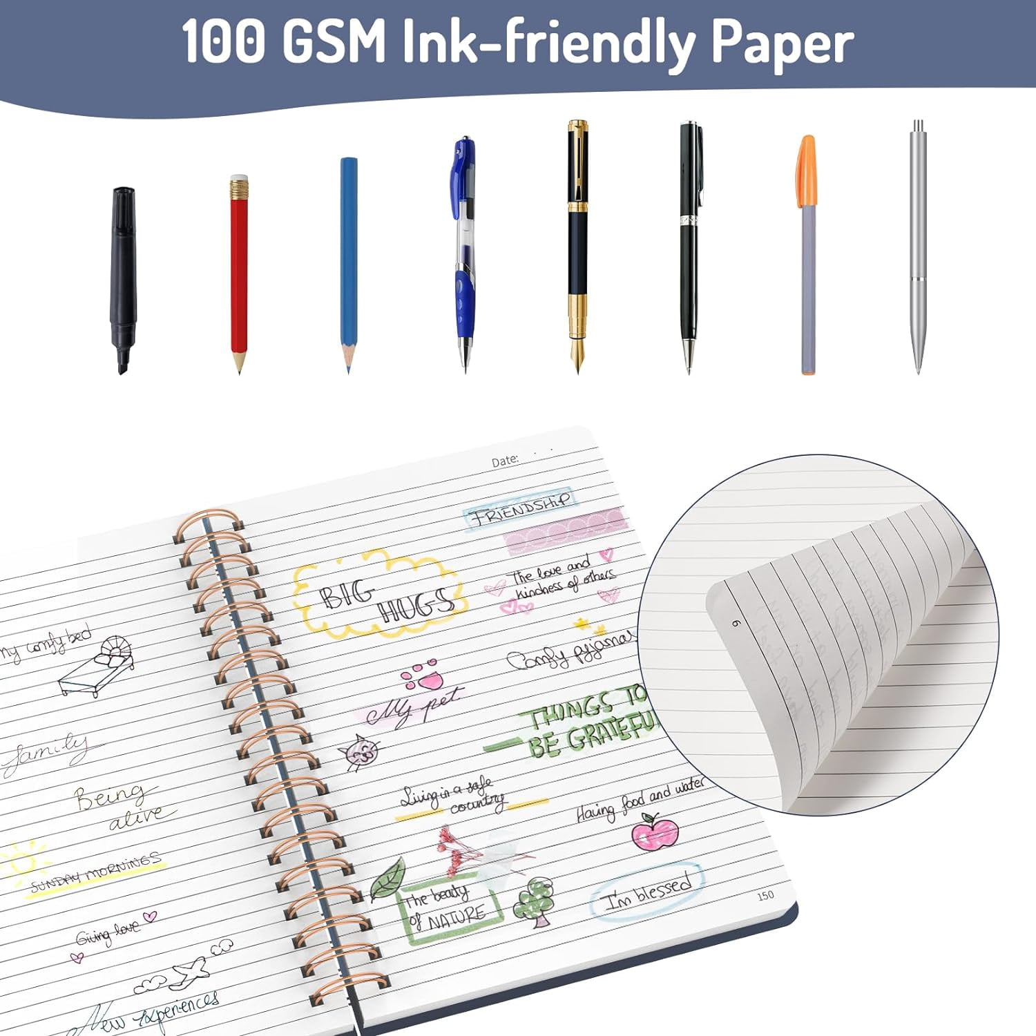 Lined Spiral Journal Notebook with 300 Numbered Pages, B5 College Ruled Thick Journals for Writing with 100GSM Paper, Hardcover Notebooks with Contents for Work, School, Women, Men, Navy