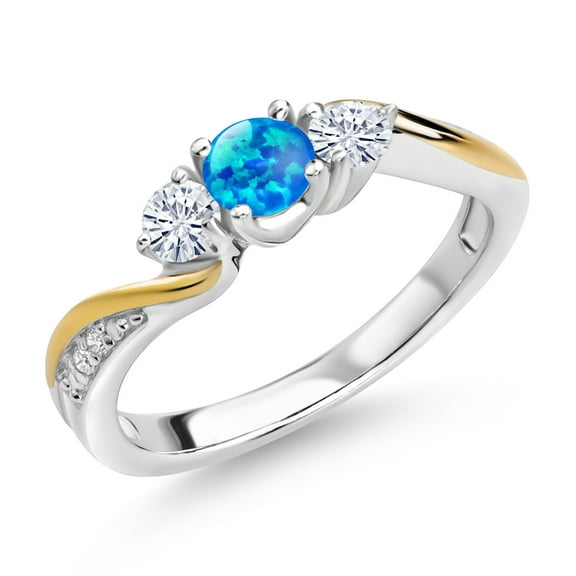 Gem Stone King 925 Silver and 10K Yellow Gold Blue Simulated Opal White Moissanite and White Lab Grown Diamond 3 Stone Engagement Ring for Women (0.48 Cttw, October Birthstone, Size 9)