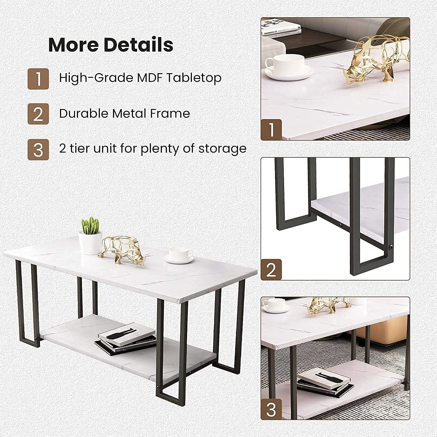 Cvortll Faux Marble Coffee Table With Metal Frame,Coffee Tables for Living Room With Storage,Durable and Dirt Resistant, Easy to Clean,White