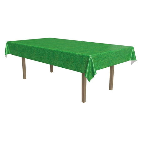 Beistle Disposable Plastic Grass Print Rectangular Tablecloth for Sports Football Theme Birthday Easter Party Supplies, 54"x108", green