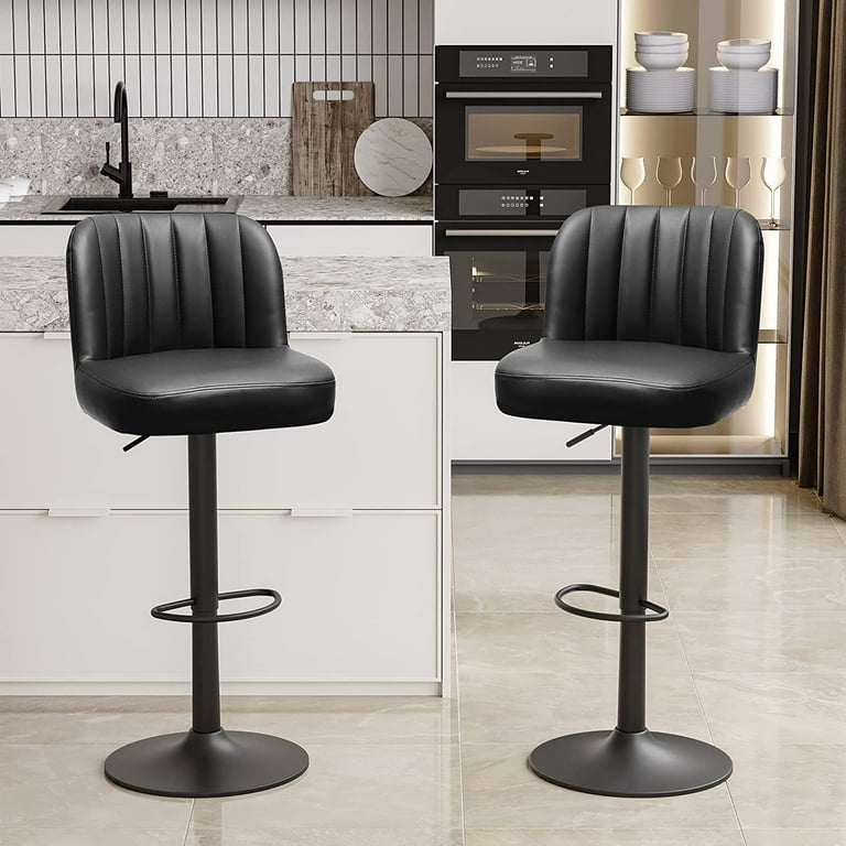 Black Leather Bar Stools Set of 2 Adjustable Bar Chairs Swivel