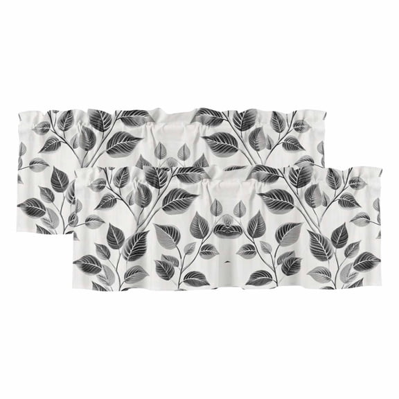 Black Grey Leaves Curtain Valances for Windows, Kitchen Valance Window Treatments Panel 2 Pack, Vintage Botanical Branches Rod Pocket Short Curtains for Bathroom Bedroom 42 x 12 Inch