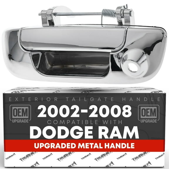 Tailgate Handle Assembly, Upgraded Metal - Compatible with 2002-2009 Dodge Ram 1500 2500 3500 - Liftgate Latch Handle - All Chrome w/ Keyhole, Camera Hole - OEM 55276237AA-CAMERA-ACHMT, 80165