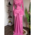thumbnail image 3 of Pink Womens Long-Sleeved Round-Neck Ruched Wrap Mermaid Maxi Dress, 3 of 3