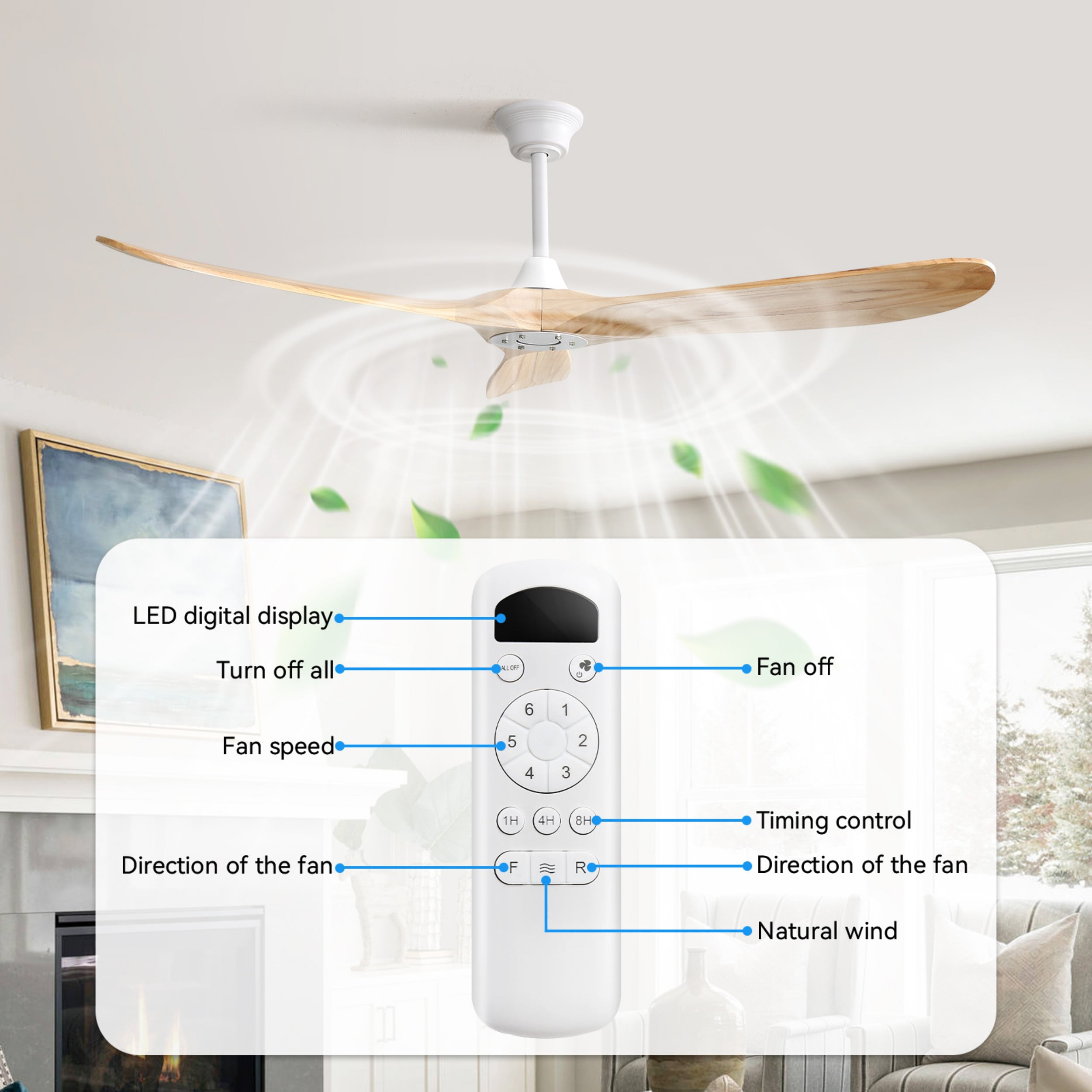 Sofucor 60" Ceiling Fan no Light, Outdoor Ceiling Fans for Patios Without Lights, Remote Control, Solid Wood 3 Blades, Quiet, Indoor Ceiling Fan for Living Room, Patio, Bedroom, Porch, Farmhouse