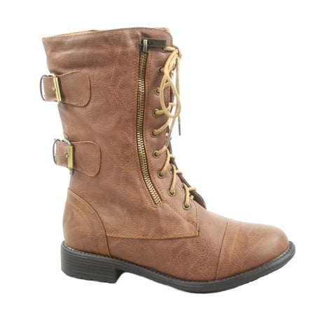 Leather Lace Up Combat Boots - Pack-72 Women's Mid Calf Zipper Low Heel Combat Military Lace Up Boots Shoes