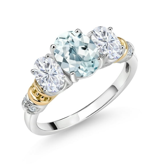Gem Stone King 925 Sterling Silver and 10K Yellow Gold Oval Sky Blue Aquamarine White Moissanite and White Diamond 3 Stone Ring for Women (2.23 Cttw, Gemstone March Birthstone, Size 8)