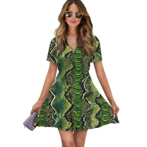 Green Snakeskin Seamless Pattern Repeat Women Dress V-Neck Short Sleeve Flowy Swing Party Midi Dress