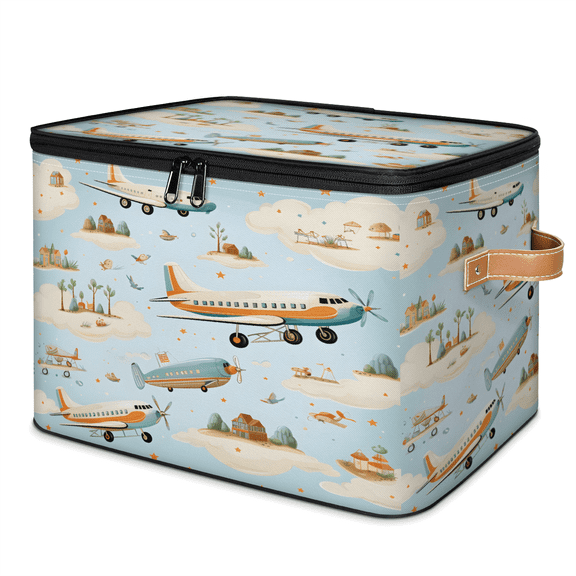 CURLYOOT Cute Airplane Fabric Storage Bins with Lids, Foldable Storage Boxes Washable Storage Cube, Closet Bedroom Home Organizer Containers with PU Leather Handles