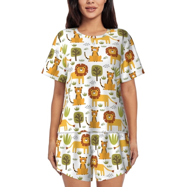 Balery Tiger Lion Conjunto de Pijama para Mujer con Estampado, Dos Piezas de Manga Corta y Shorts, Ropa de Dormir Suave con Cuello Redondo y Bolsillos-Large
