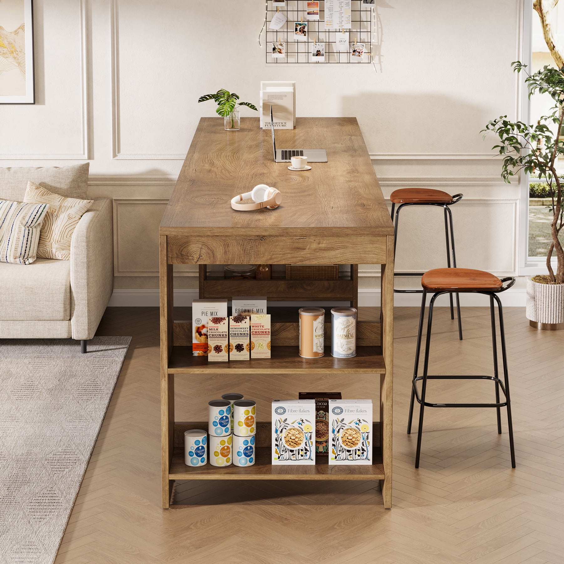 Finmind Kitchen Island with Storage, 63-inch Farmhouse Large Stationary Island Table with Double-Sided Storage Shelves for Kitchen, Dining Room, Living Room, Brown