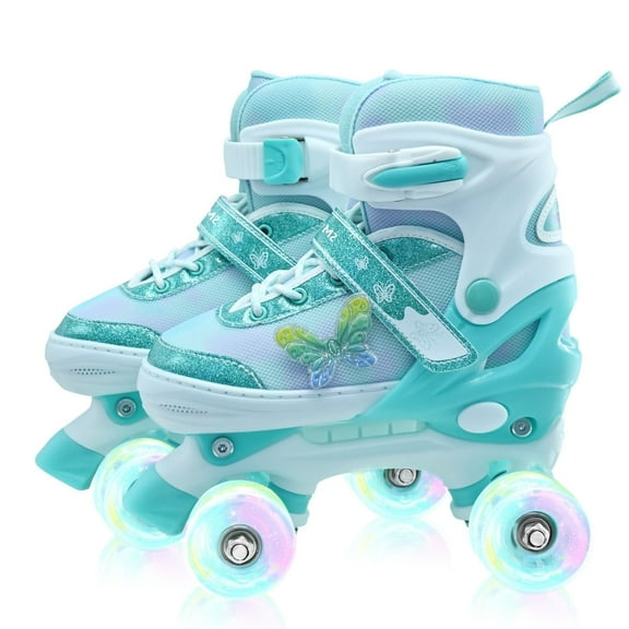 JZY Butterfly Quad Rollerskates for Girls Ages 3-12, 4 Size Adjustable Light Up Wheels, Indoor Outdoor Beginners Skates, Children's Birthday Gift