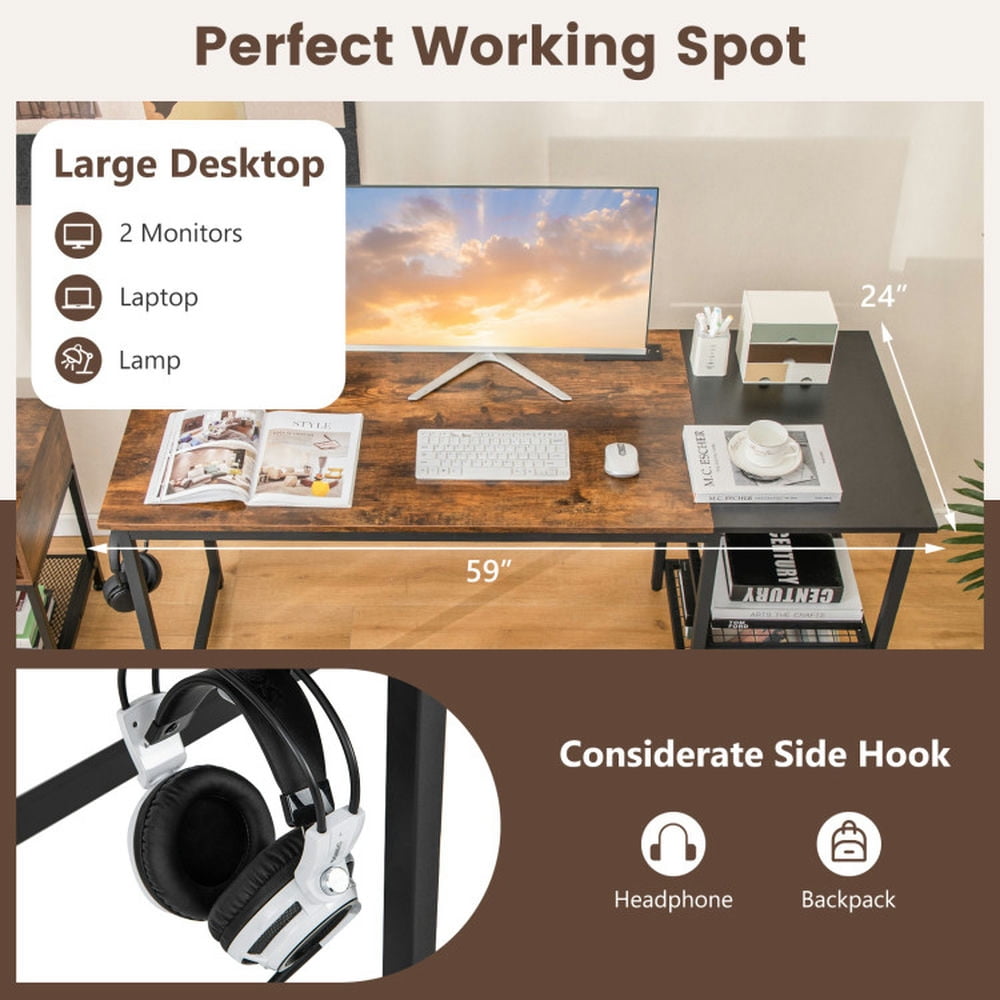 Demi Bonn 59" Home Office Computer Desk with Removable Storage Shelves, Small Home Office Desk Study Writing Table, Brown