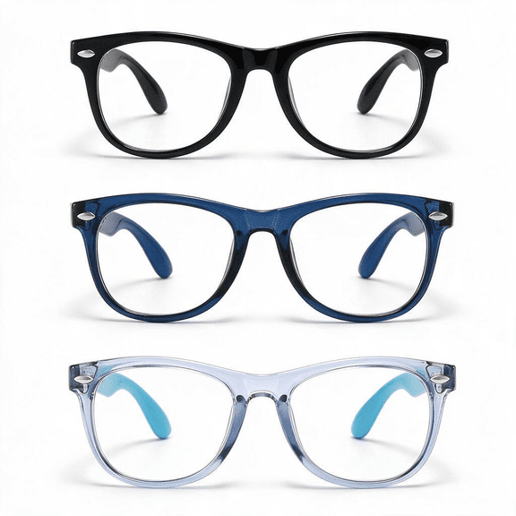 Kids Blue Light Blocking Glasses 3 Pack, Black, Dark Blue, and Light Blue, TR90 Bendable Frame for Ages 3-10, Computer Eyewear for Study, Gaming, and Screen Use