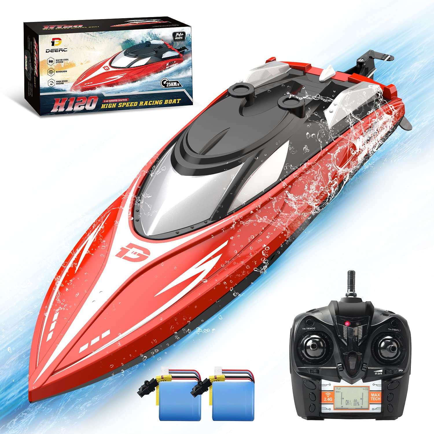 Tbest Remote Control Toy Boat,25km/h High Speed Remote Control Boats 4 Channel 2.4GHz Racing Speedboat Model Toy Ship for Pools and Lakes Christmas Birthday Gift for Boys Girls Kids