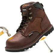 OwnShoe Men's Steel Toe Work Boots Leather Safety Shoes Non-Slip Industrial Work Shoes Goodyear Constructions Boots