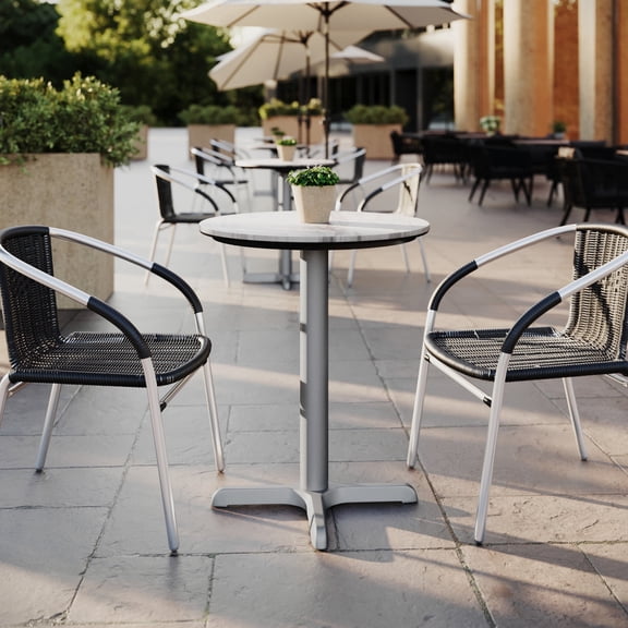 Flash Furniture 24" Round Outdoor Tabletop, White Faux Marble, Seamless Surface Technology, 22x22 Silver X-Base, Moisture, Scratch, Heat, UV Resistant