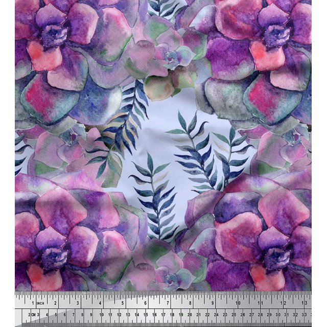 Soimoi Blue Silk Fabric Leaves & Begonia Floral Decor Fabric Printed Yard 44 Inch Wide