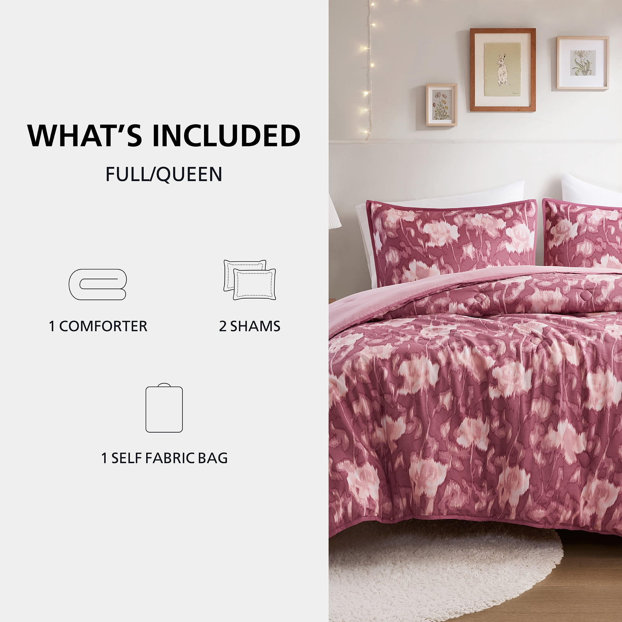 Mainstays Blurred Rose 3-Piece Pink Comforter Set, Full/Queen