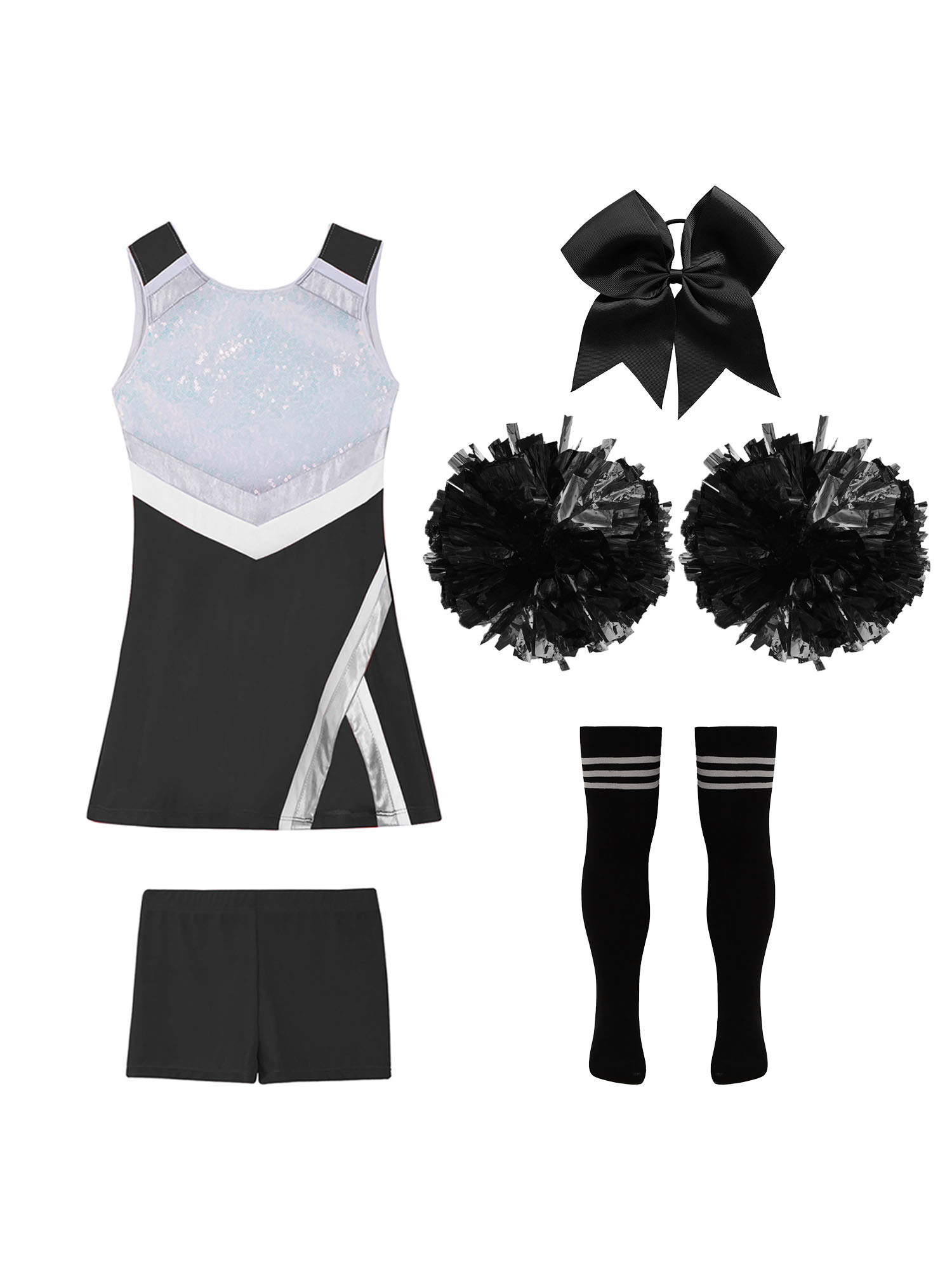 TiaoBug Kids Girls Cheer Leader Uniform Sports Games Cheerleading Dance Outfits Halloween Carnival Fancy Dress Up A Black&White 14 - image 4 of 5
