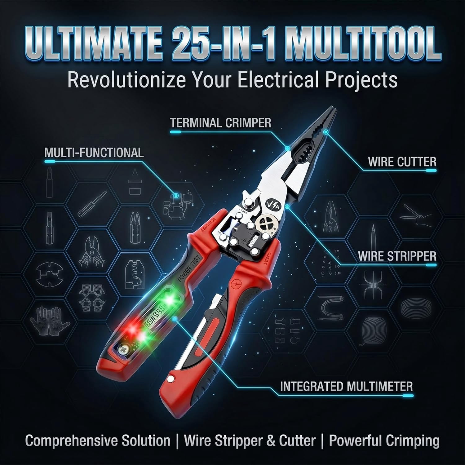 Multifunction Digital Electrician Pliers , 25-in-1 Wire Stripper with Voltage Tester, Professional Electrician Pliers for Electrical Work, Home Repairs,1 pc