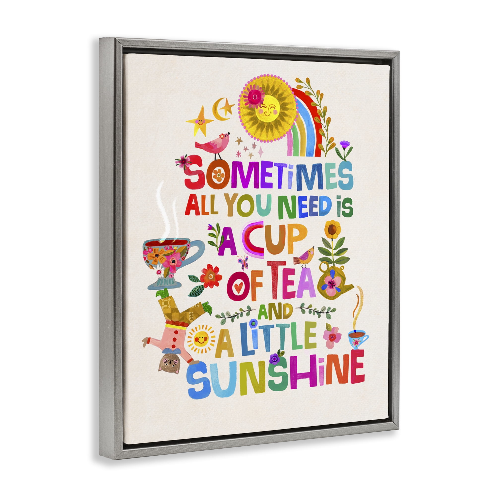 Stupell Industries Cup Of Tea & Sunshine Gray Framed Floater Canvas Wall Art, design by Katherine Herrell Studio