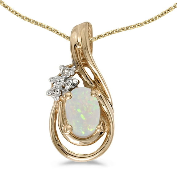 14k Yellow Gold Oval Opal And Diamond Teardrop Pendant with 18" Chain