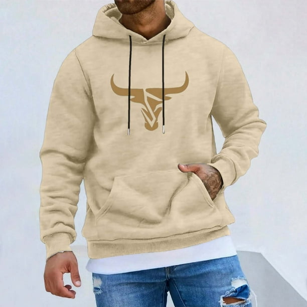 MHFRRA Sudadera con Capucha y Cordón con Estampado de Cabeza de Toro para Hombre, Estilo Informal, Cómoda, para Uso Diario Beige